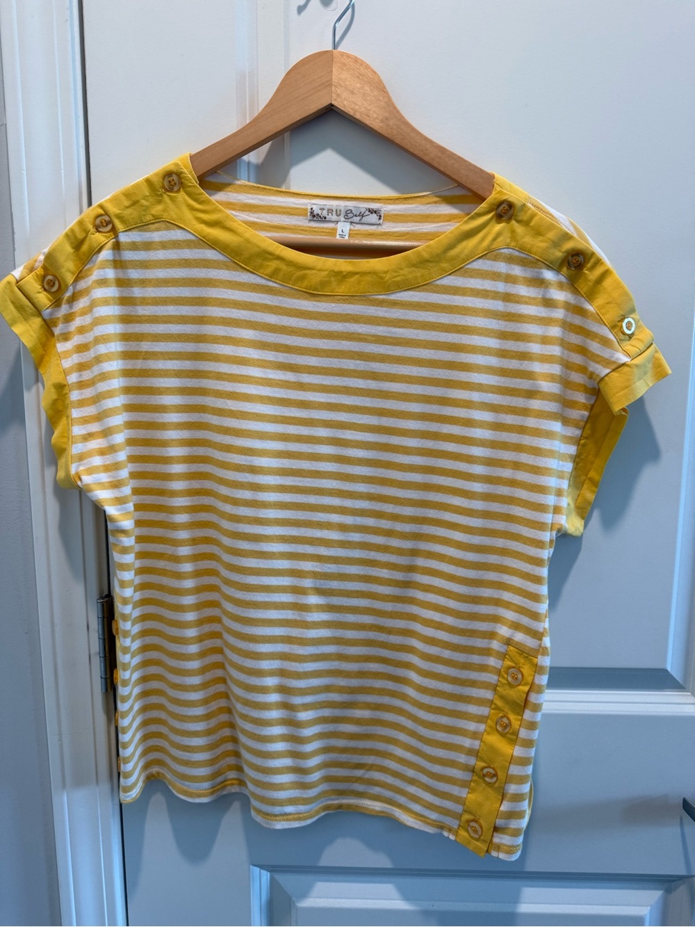 TRU Self Yellow & White Striped Nautical Button Accent Top Size Large